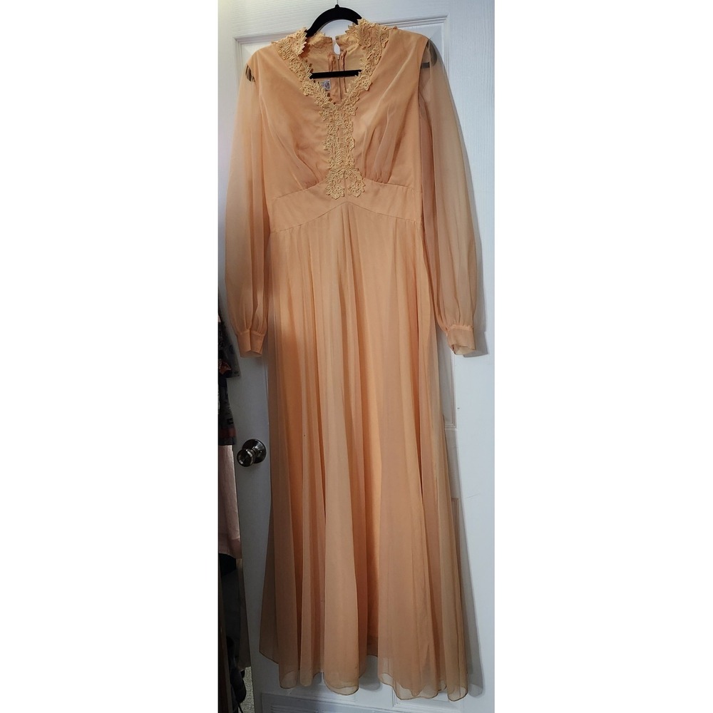 Vintage ILGWU Peach‎ Long Dress 1970s Sheer Long Sleeves  Floral Embellishment